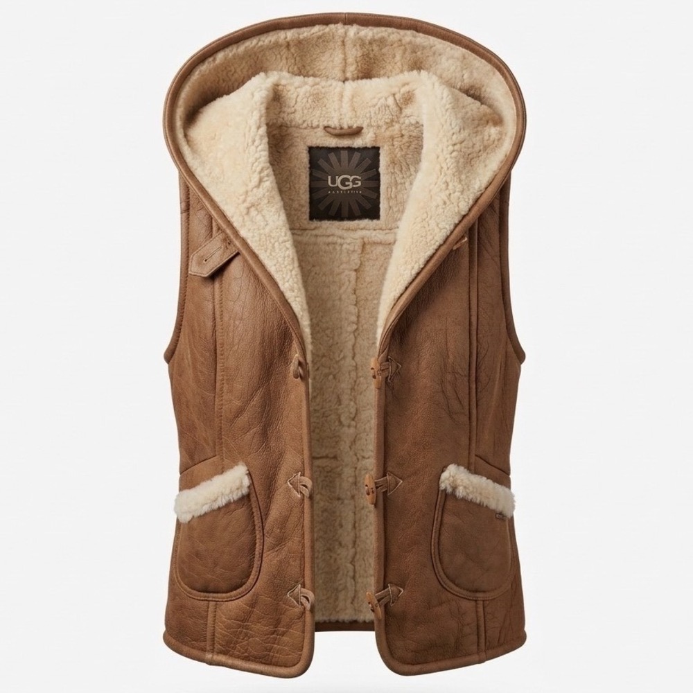 UGG Australia Womens Brown Genuine Lamb Shearling Hooded Toggle Boho Vest Size M